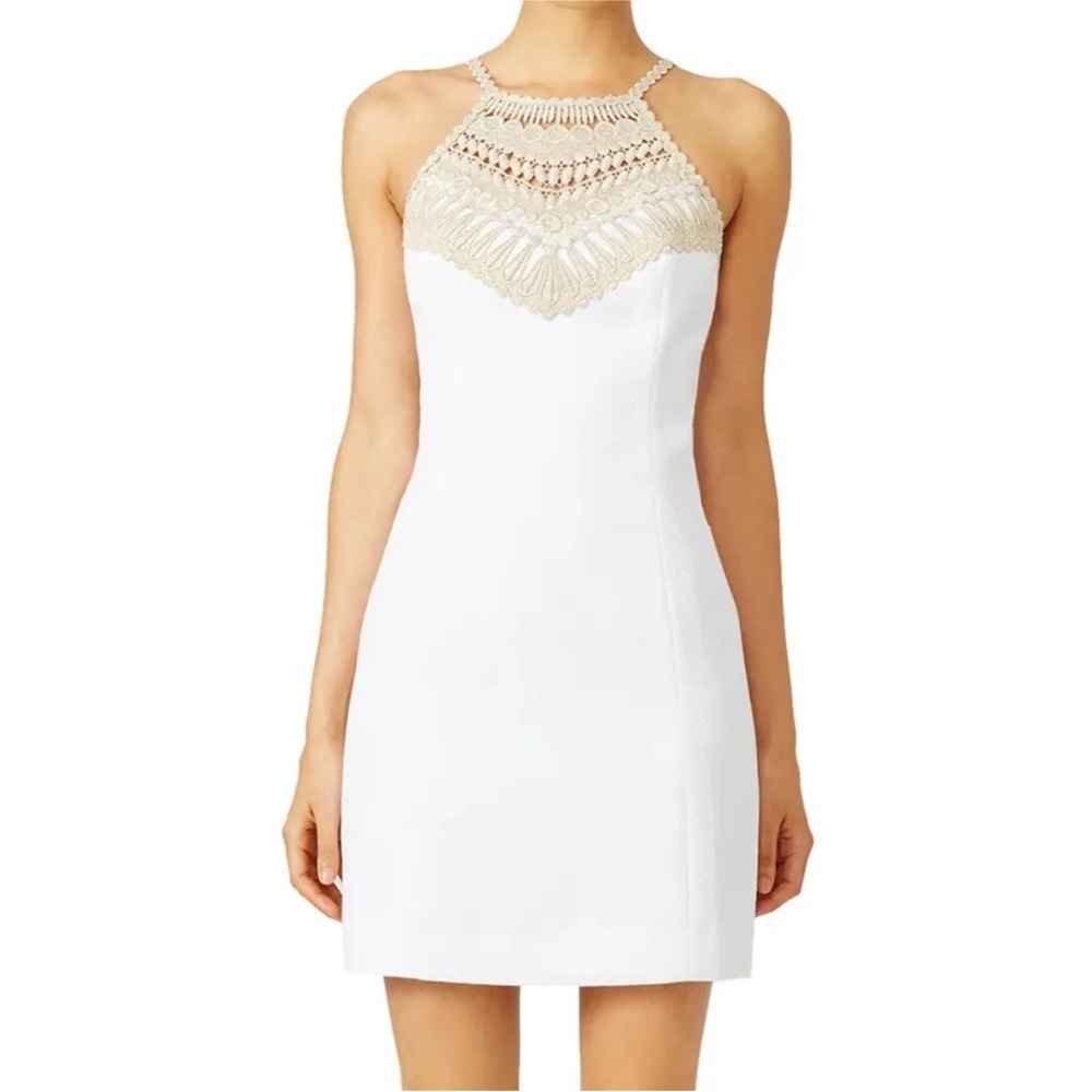 Lilly Pulitzer Pearl Shift Dress EUC White Gold Lace Embroidered Halter …